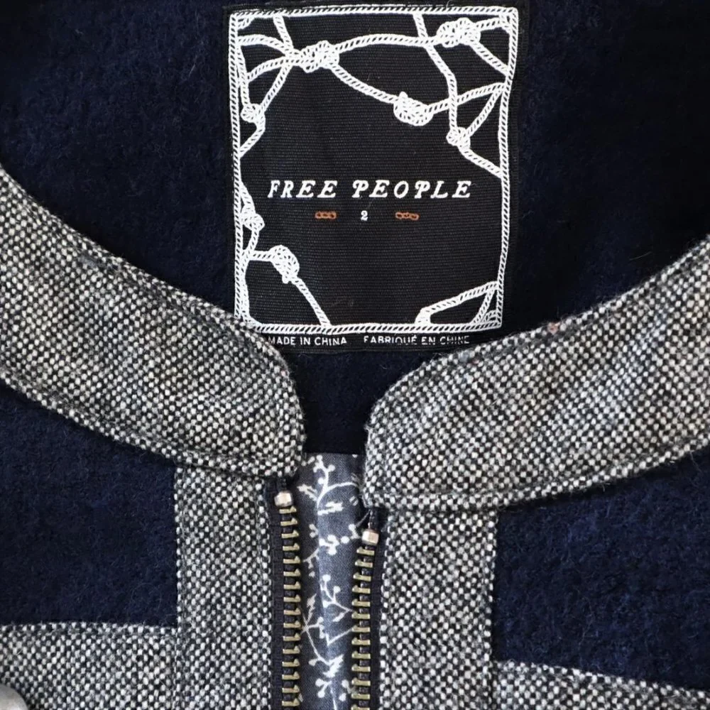 Free People Maxi Military Wool Coat Navy Gray Tweed Button Trim Winter Boho 2 - Picture 7 of 7